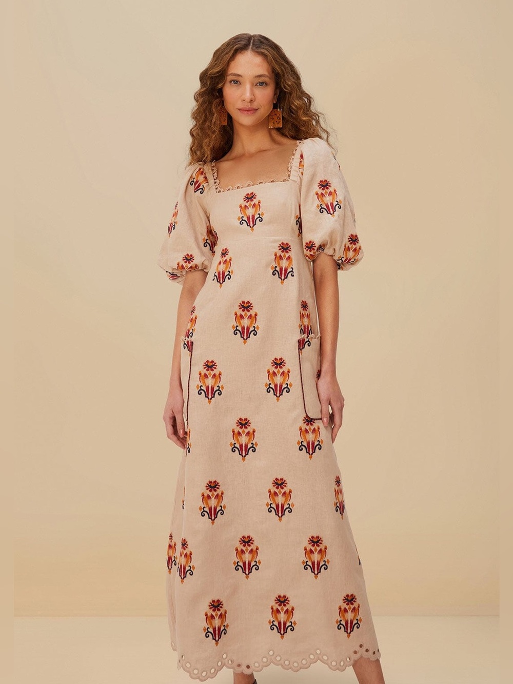 Farm Rio Rose Embroidered Macaw Maxi Dress in Beige Multi | M - Picture 6 of 16